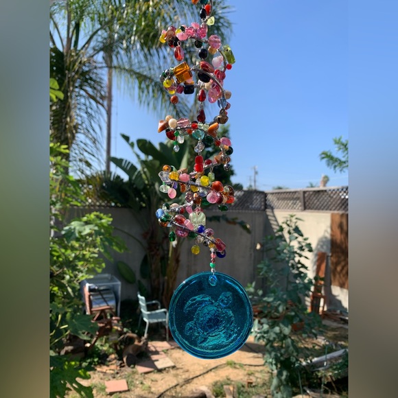 Stained Glass Blue Sea Turtle Beaded Ocean Metal Spiral Sun Catcher Mobile - Picture 7 of 10